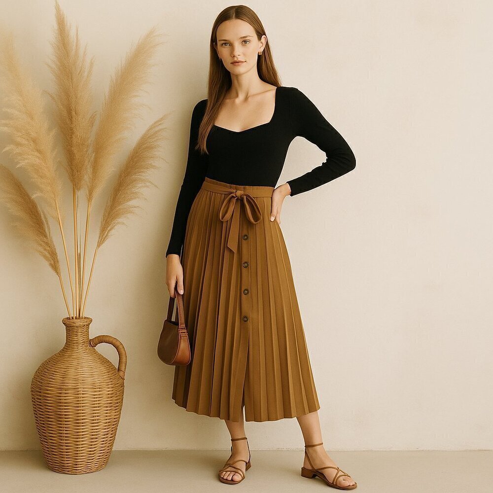 Zara Pleated Long Skirt Flare With Self Tie Belt Full Button Womens Size‎ XS